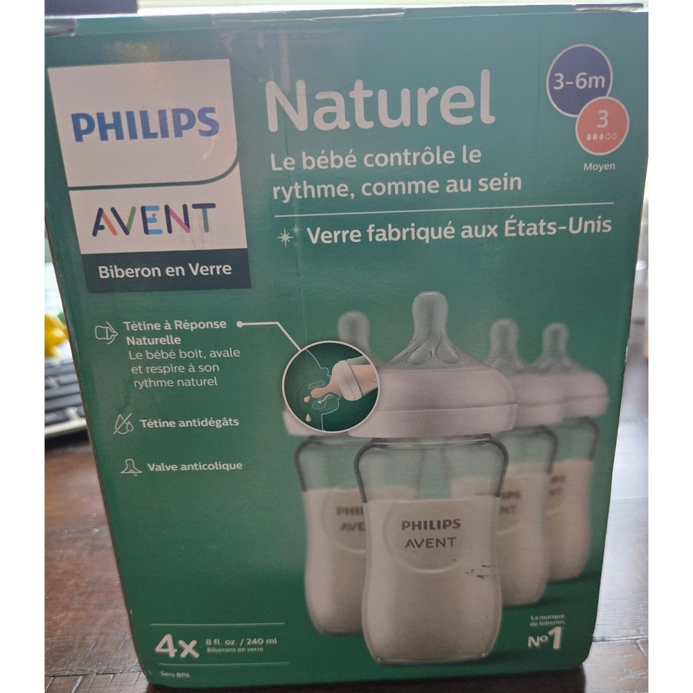 Philips Avent Natural Response Glass Baby Bottles 8oz 4pk Flow 3 Nipple 3-6m NEW